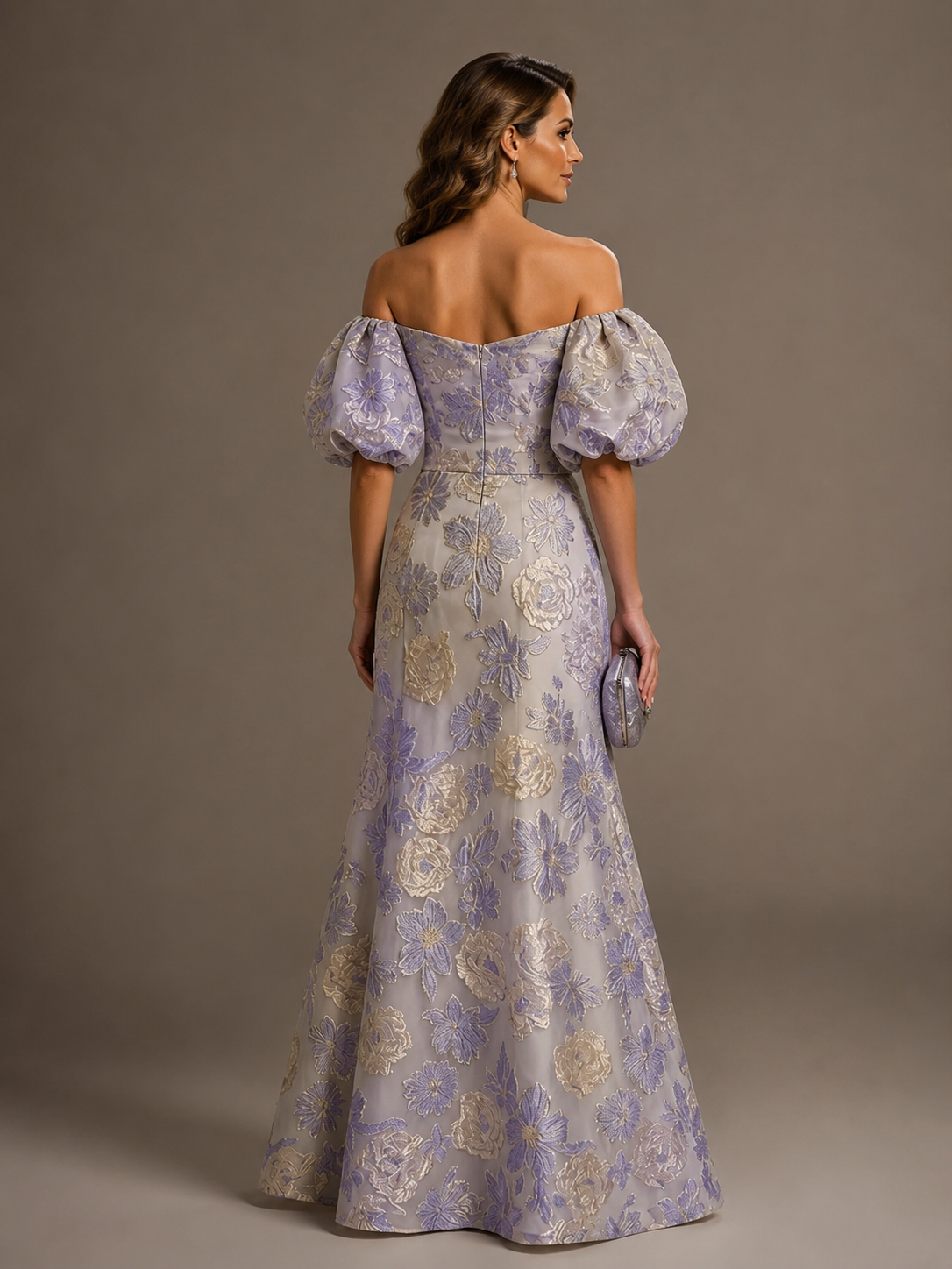 Off the Shoulder Puff Sleeve Lilac Floral Satin Mother of The Bride Dress