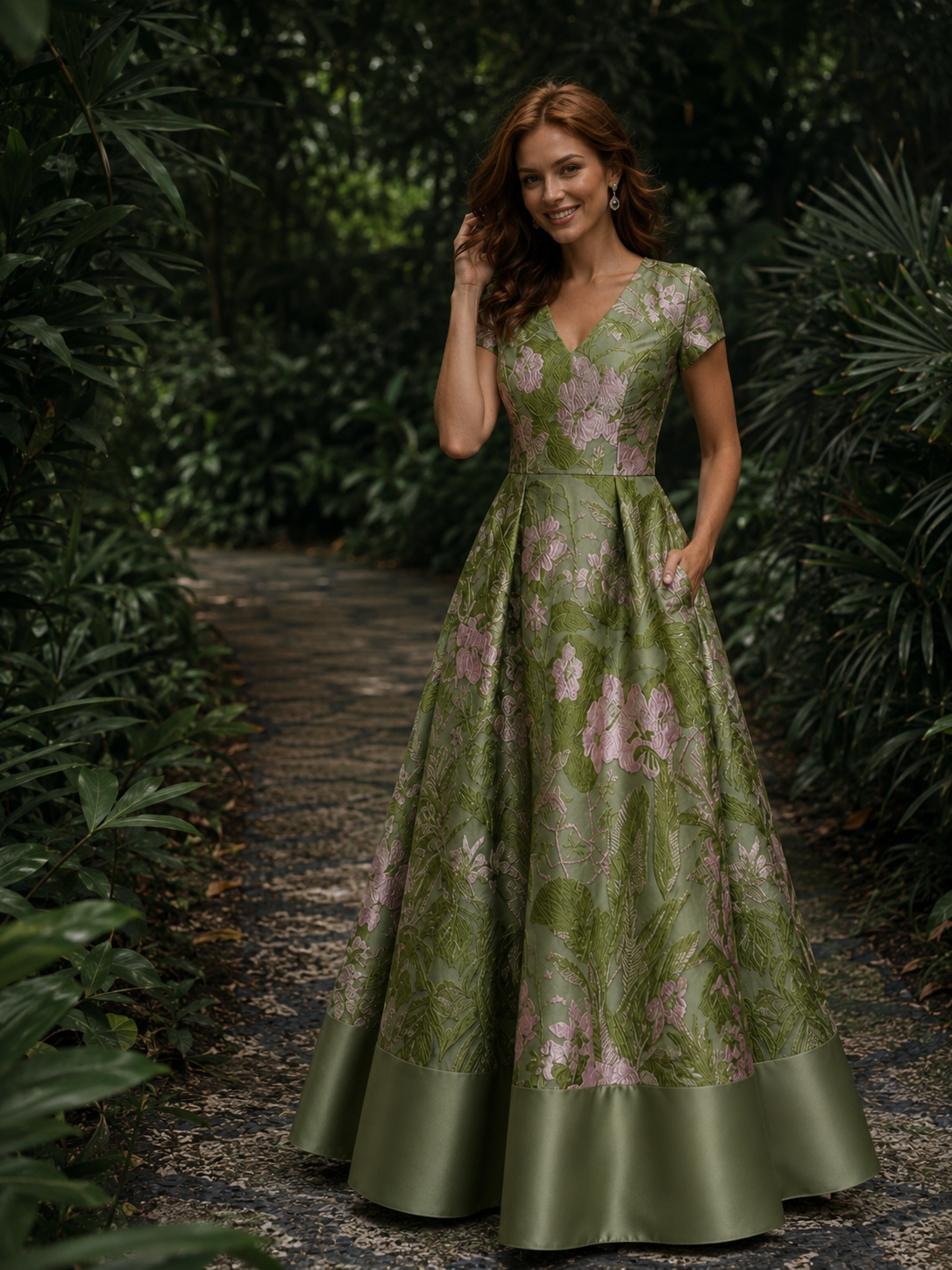 Green Floral V-Neck A-Line Mother of the Bride Dress