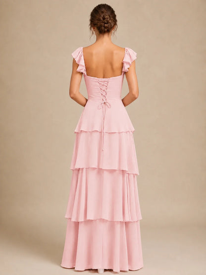 Off Shoulder Tiered Chiffon A-Line Bridesmaid Dress