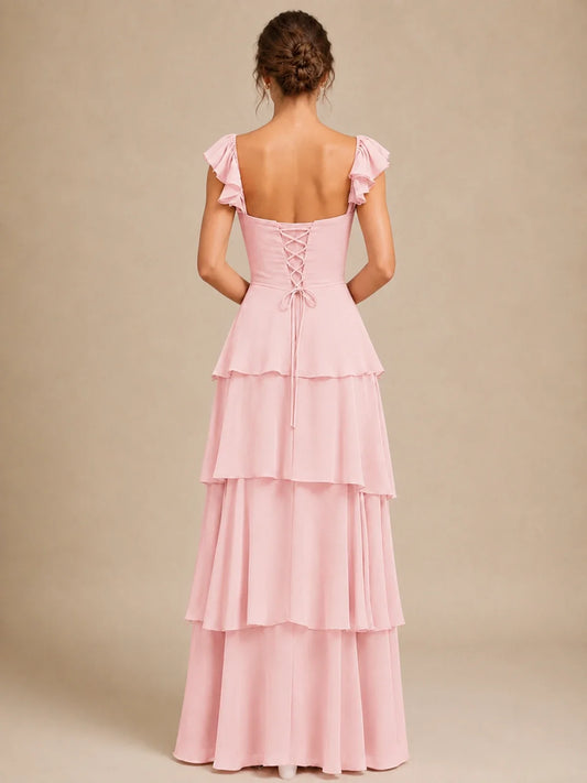 Off Shoulder Tiered Chiffon A-Line Bridesmaid Dress