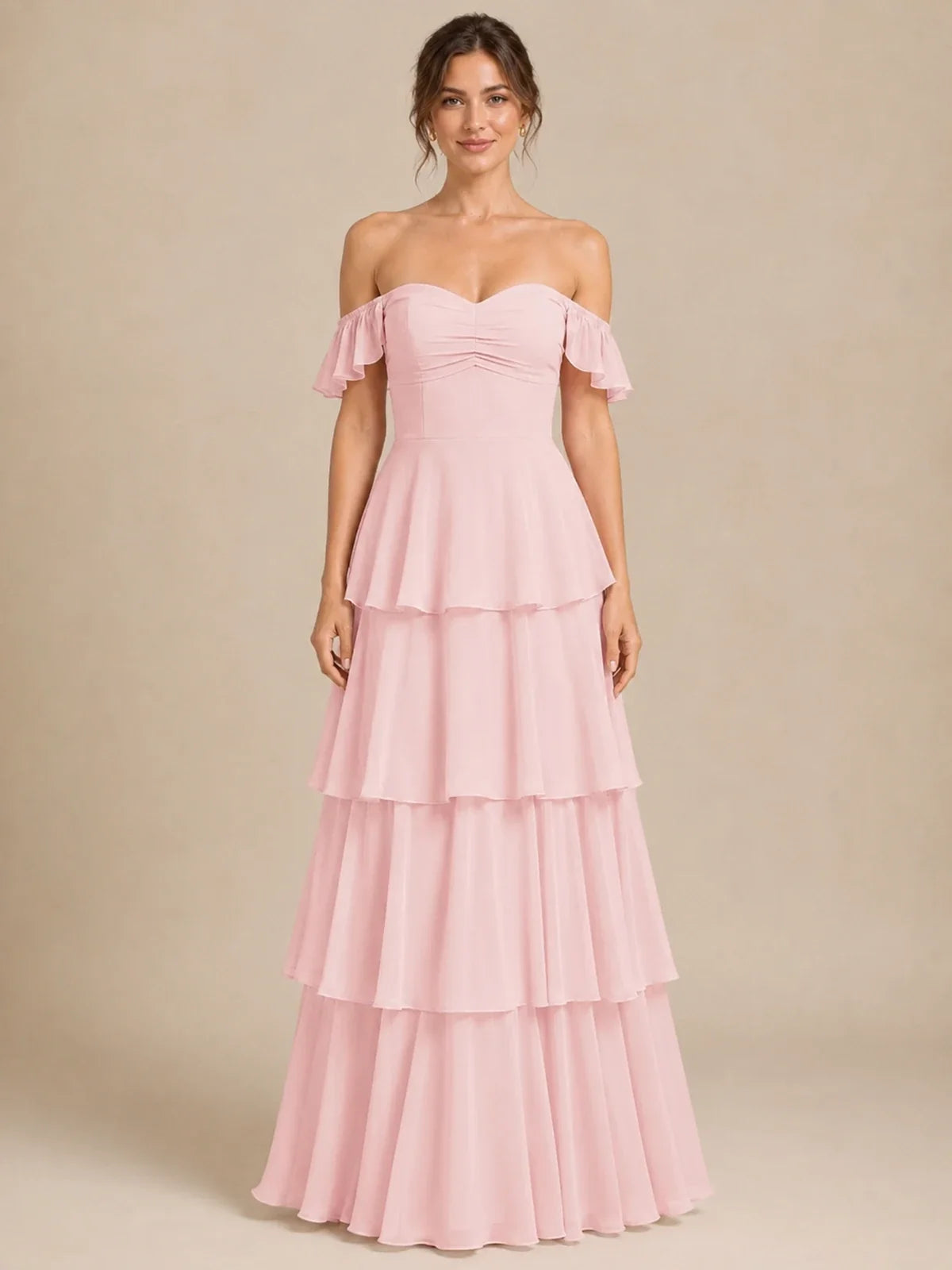 Off Shoulder Tiered Chiffon A-Line Bridesmaid Dress