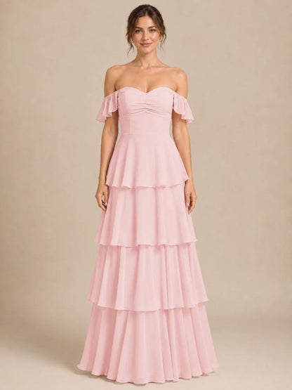 Off Shoulder Tiered Chiffon A-Line Bridesmaid Dress