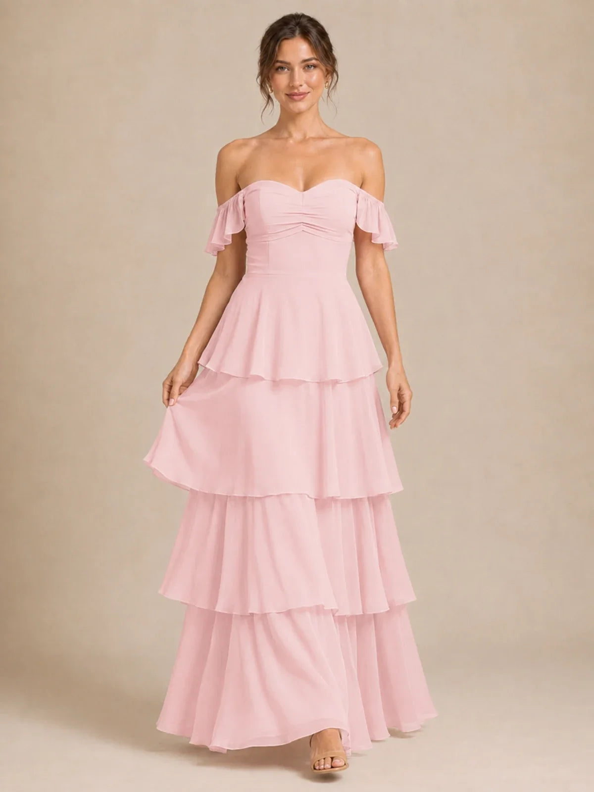 Off Shoulder Tiered Chiffon A-Line Bridesmaid Dress