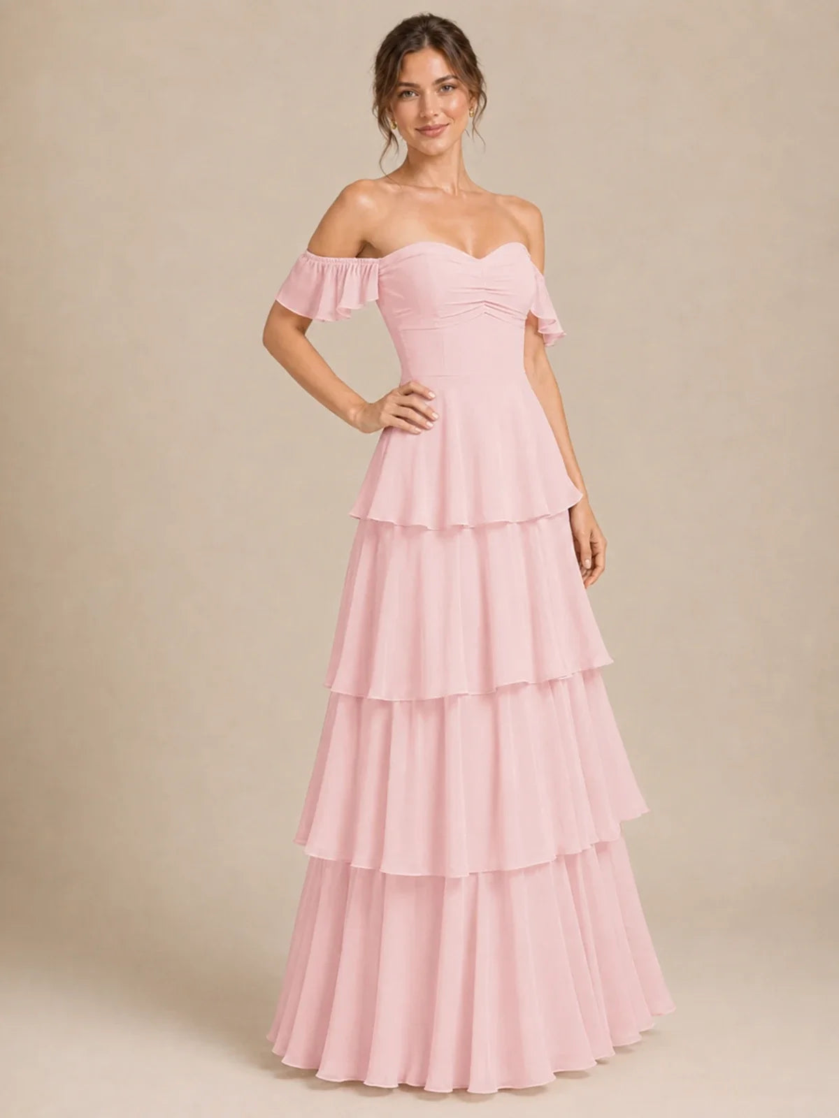 Off Shoulder Tiered Chiffon A-Line Bridesmaid Dress