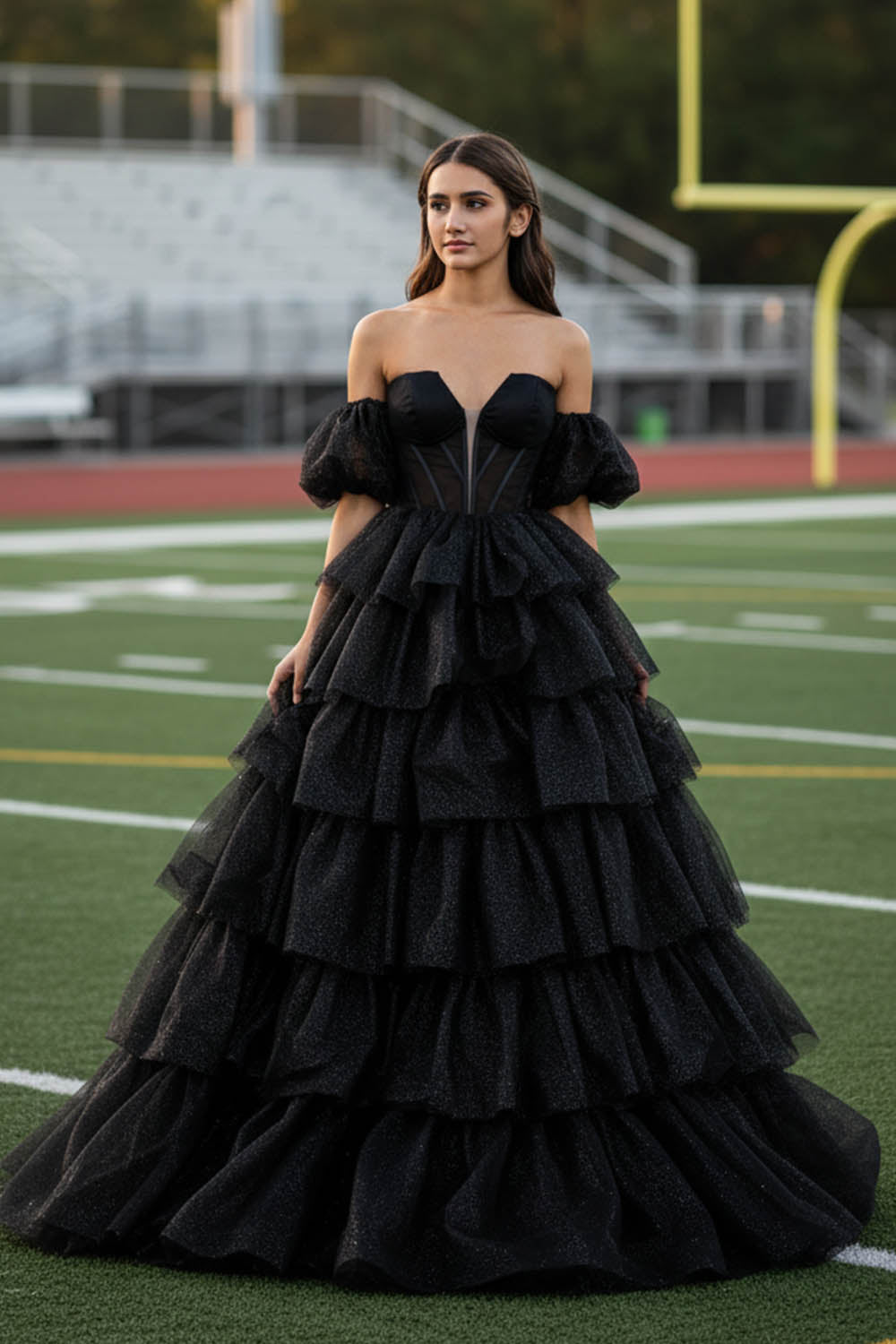 Black Tiered Strapless Prom Gown with Sleeves