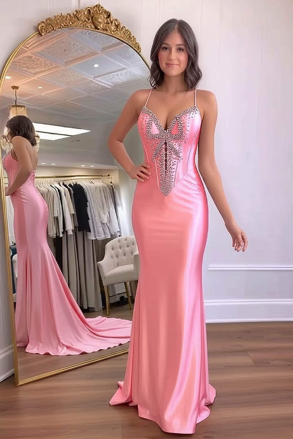 Pink Satin Fitted Prom Dress with Bow Beads