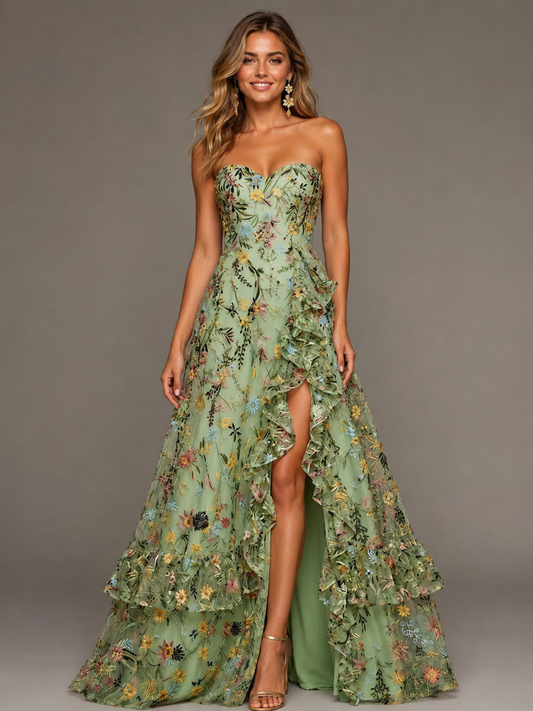 Sage Green Floral Embroidered Strapless Bridesmaid Dress with Ruffle Slit