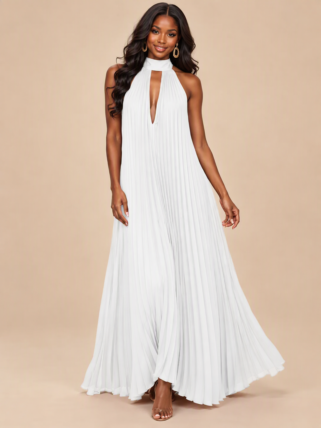 Rust Orange Pleated Halter Neck Maxi Dress