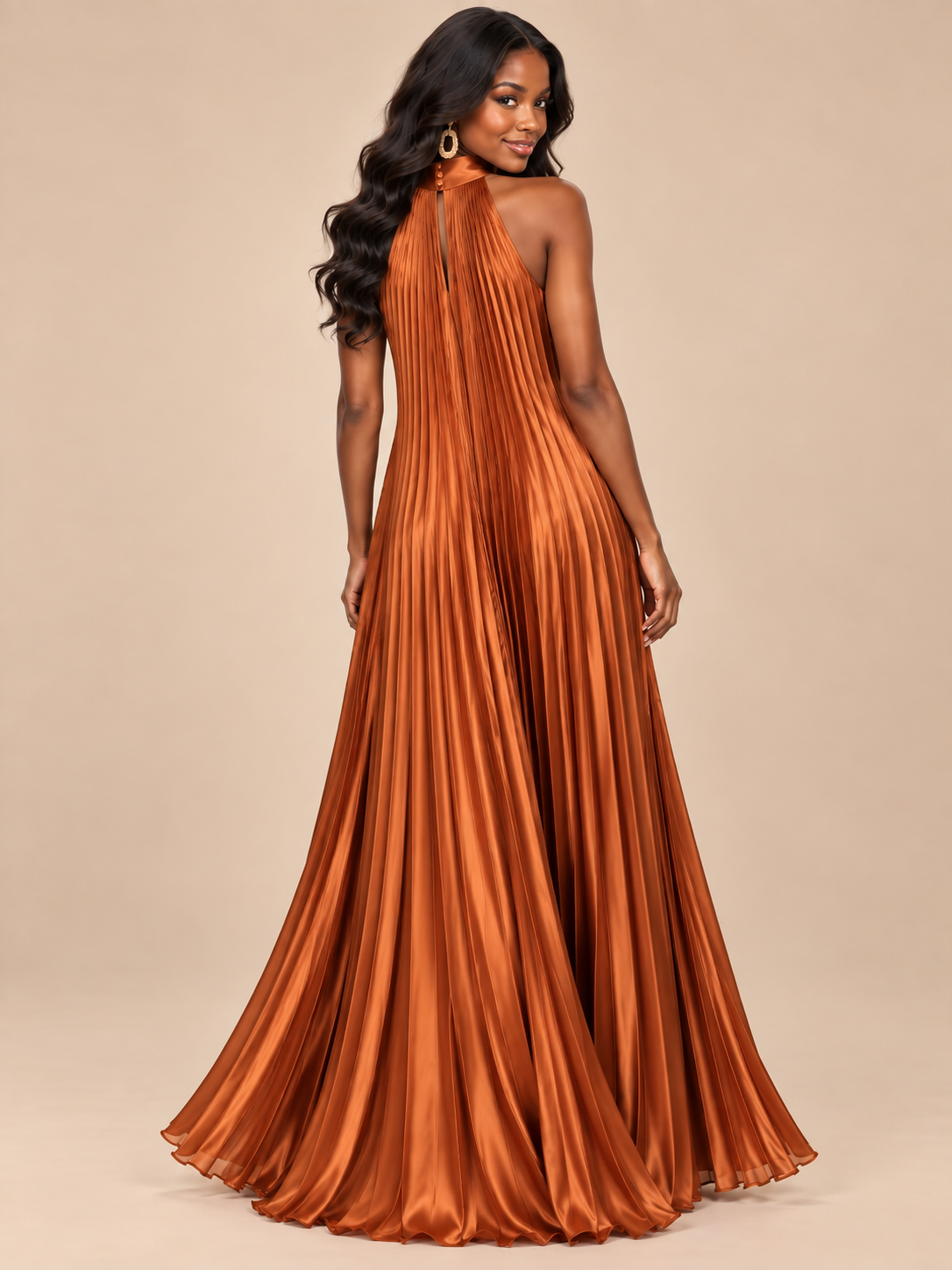 Rust Orange Pleated Halter Neck Maxi Dress