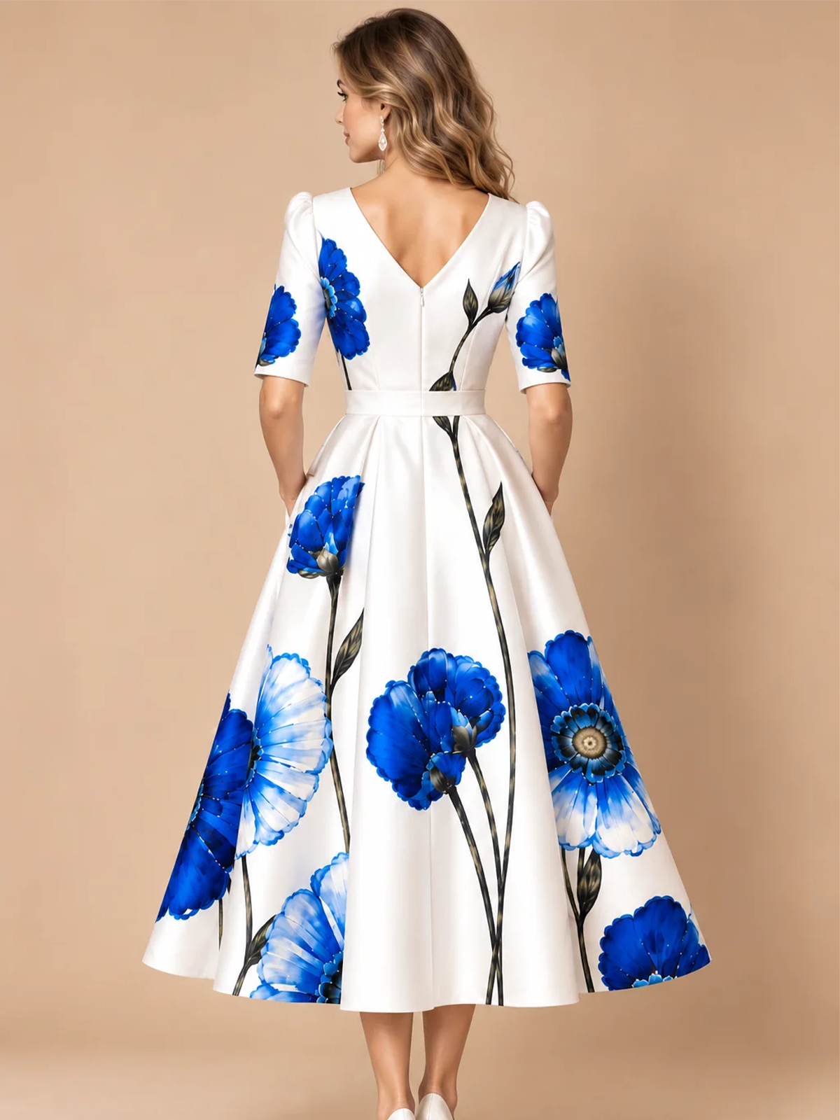 Blue Floral Print V-Neck A-Line Midi Dress with Pockets