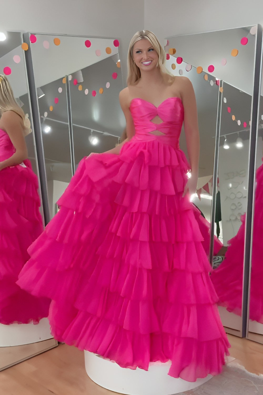Pink Tiered Strapless Prom Dress with Keyholes