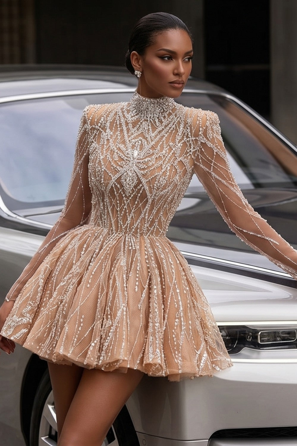 Champagne Gold Crystal Beaded Homecoming Mini Party Dress