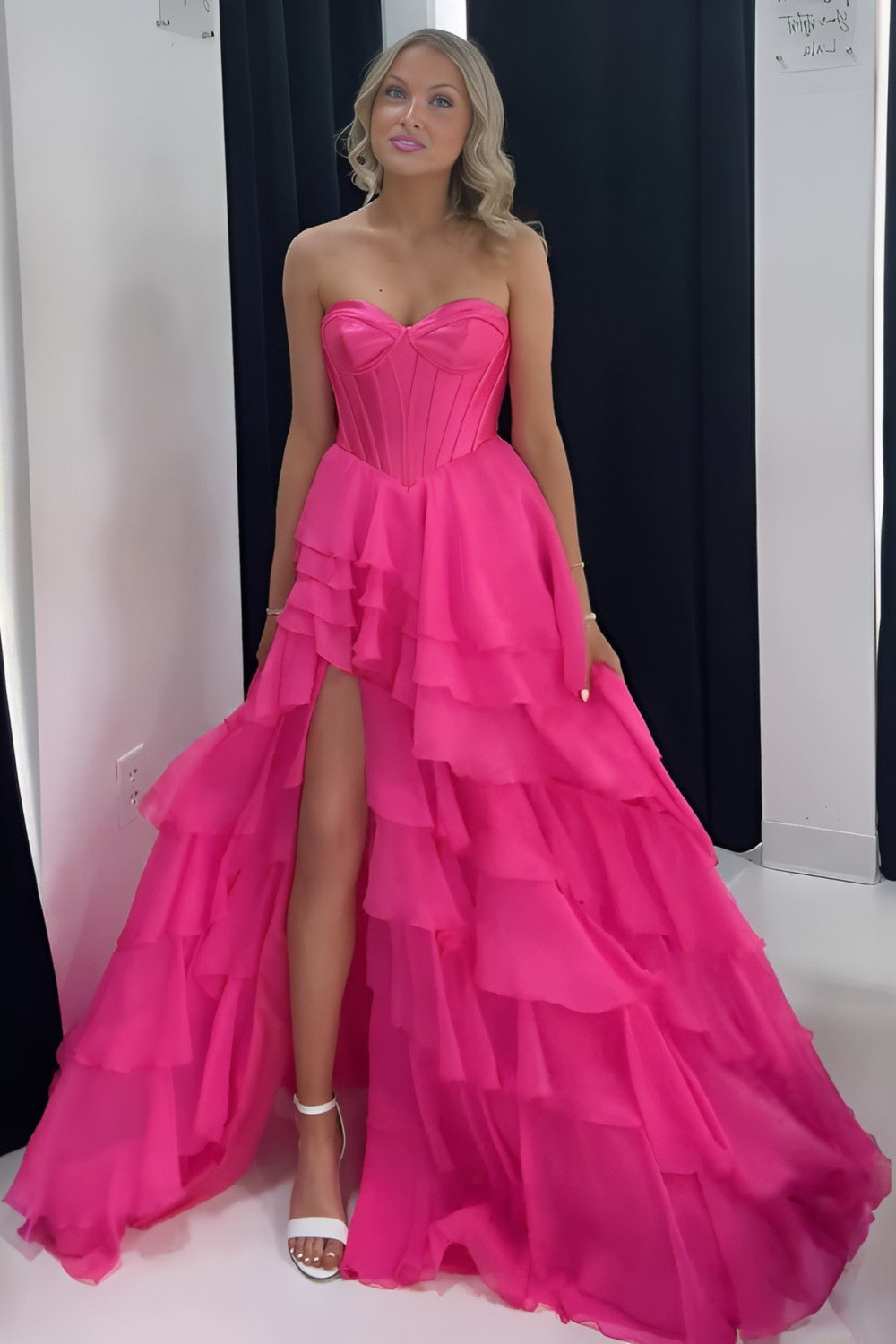 A-line Sweetheart Pink Tiered Strapless Prom Dress