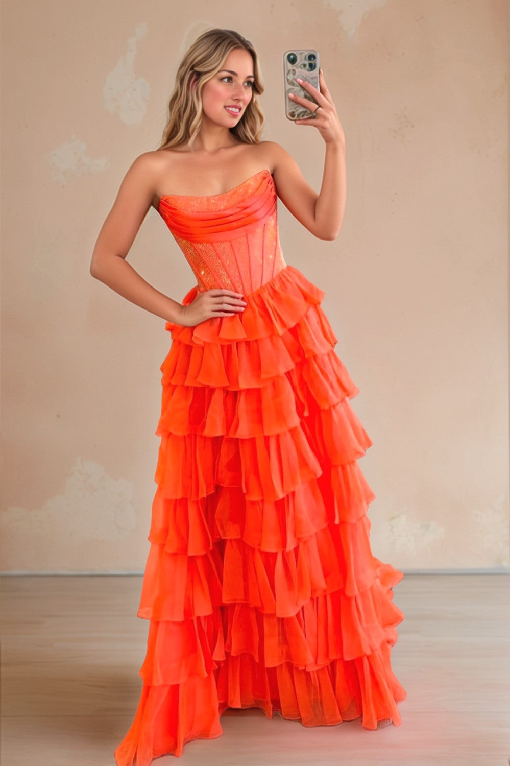 Strapless A line Tiered Long Prom Dress With Beading