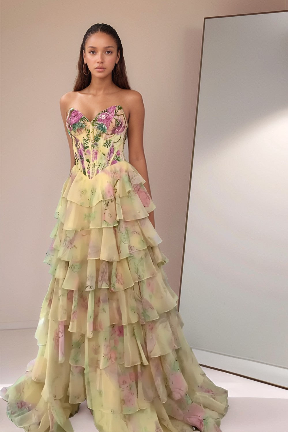 A line Tiered Floral Printed Yellow Prom Dress