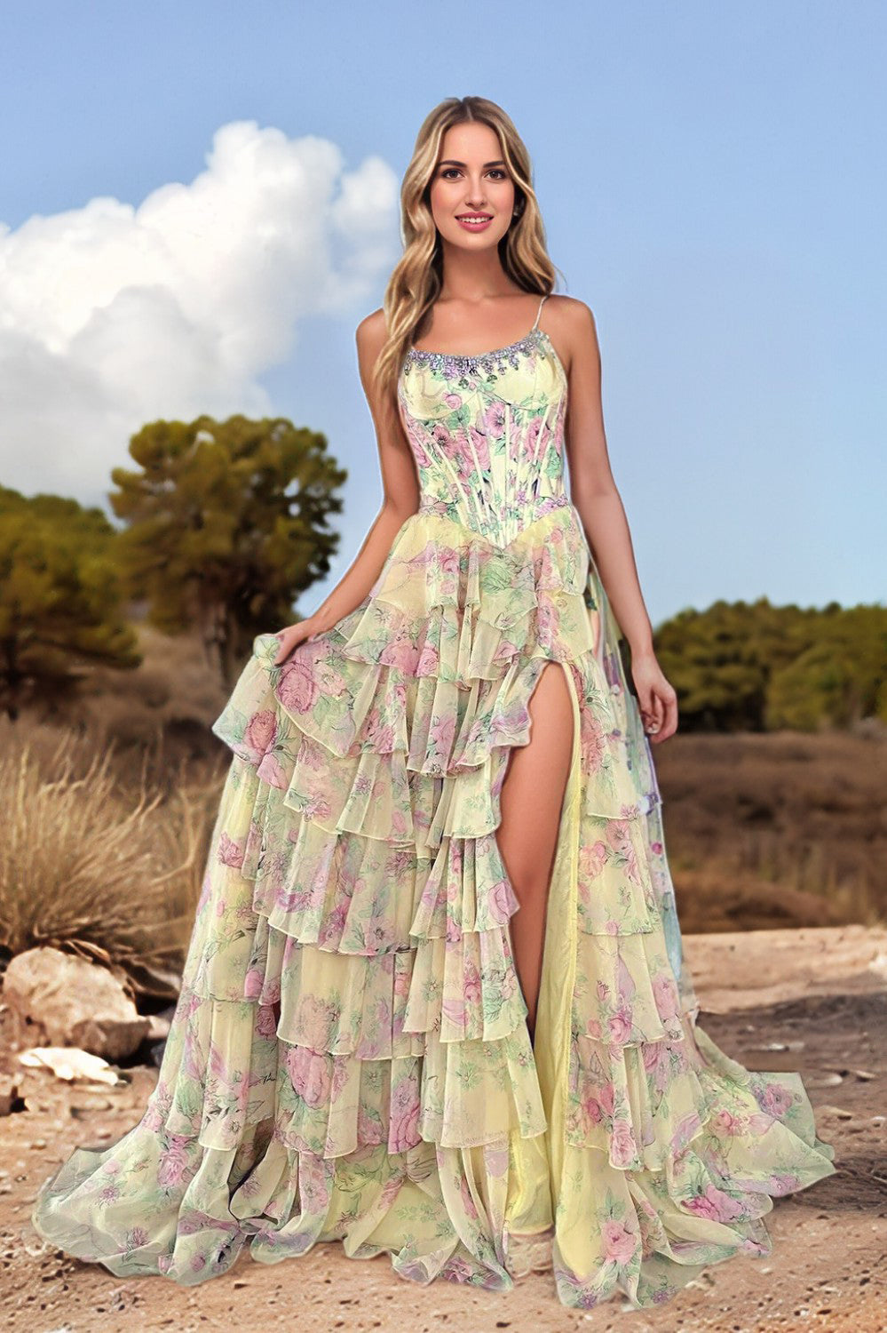 A line Spaghetti Straps Floral Printed Long Prom Dress
