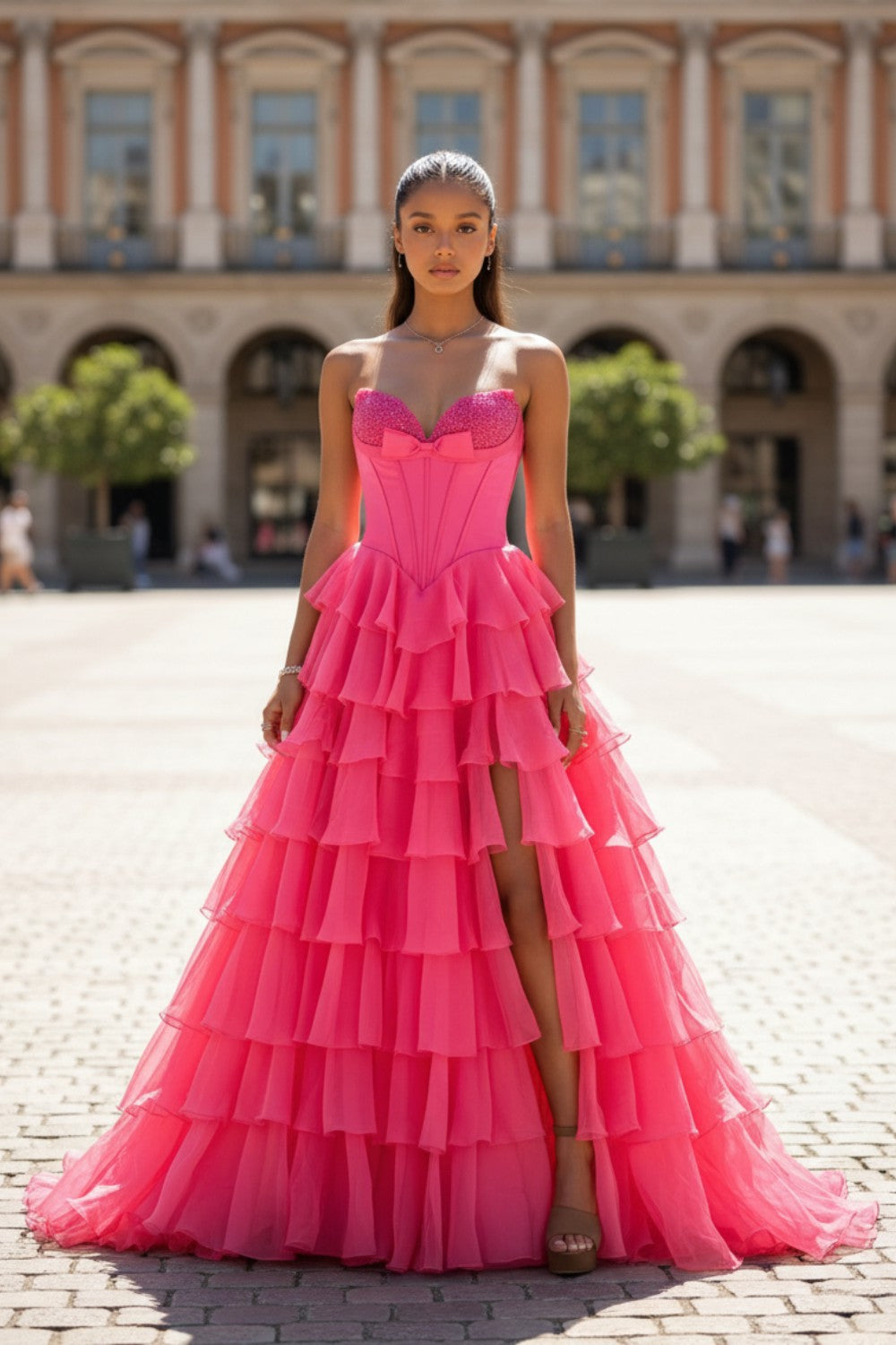 Pink A-line Tiered Strapless Long Prom Dress