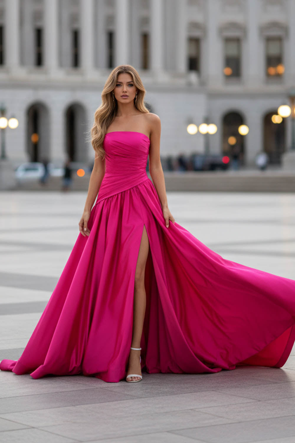Strapless Pink High Slit Prom Dress