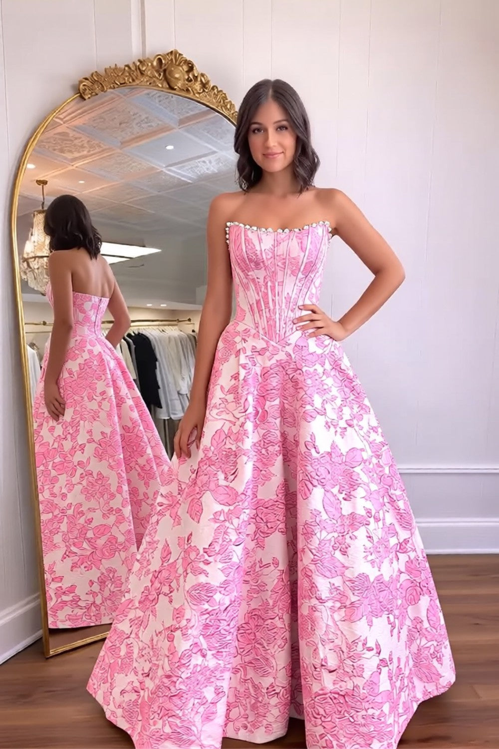 Strapless Beaded Floral Long Prom Dress