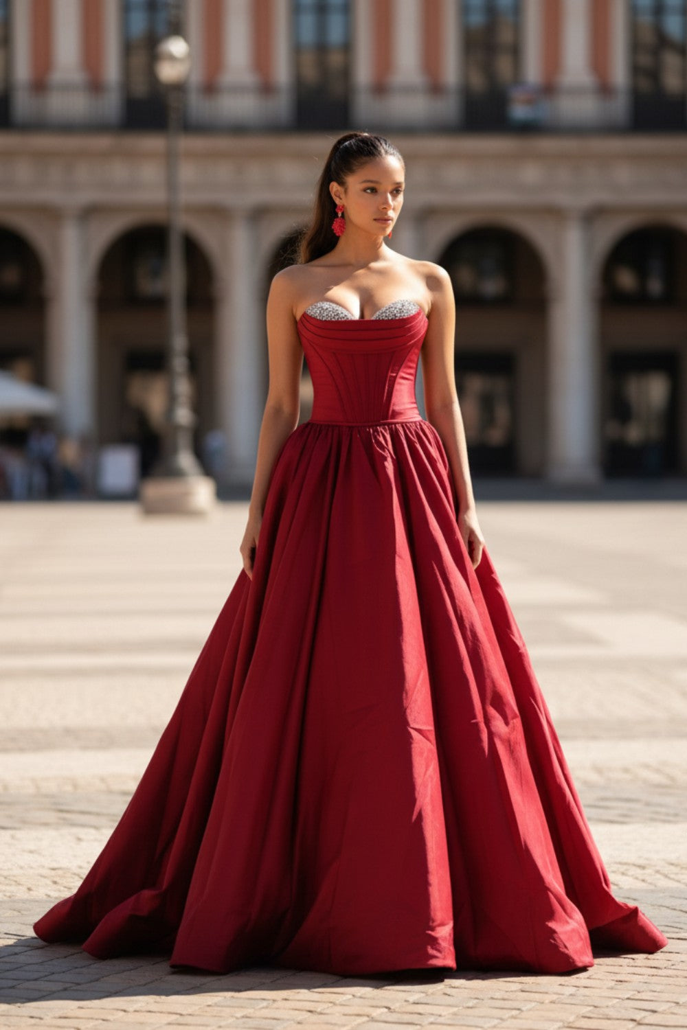 Red A-line Strapless Long Prom Dress