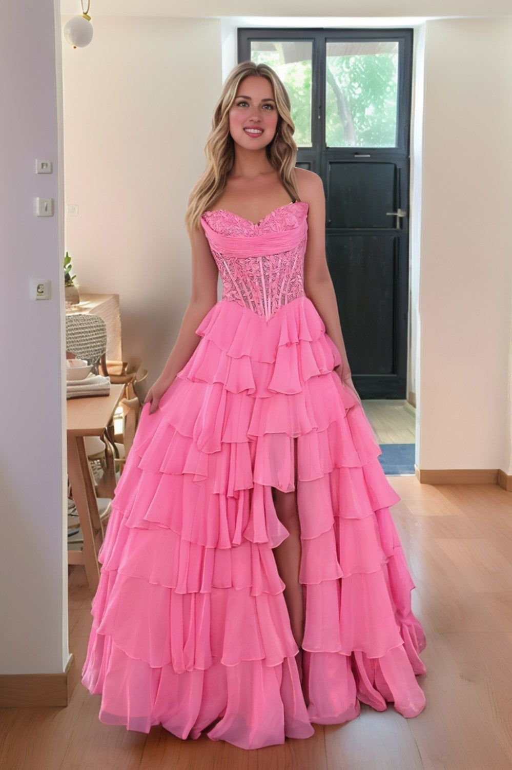 Strapless A line Tiered Long Prom Dress With Appliques