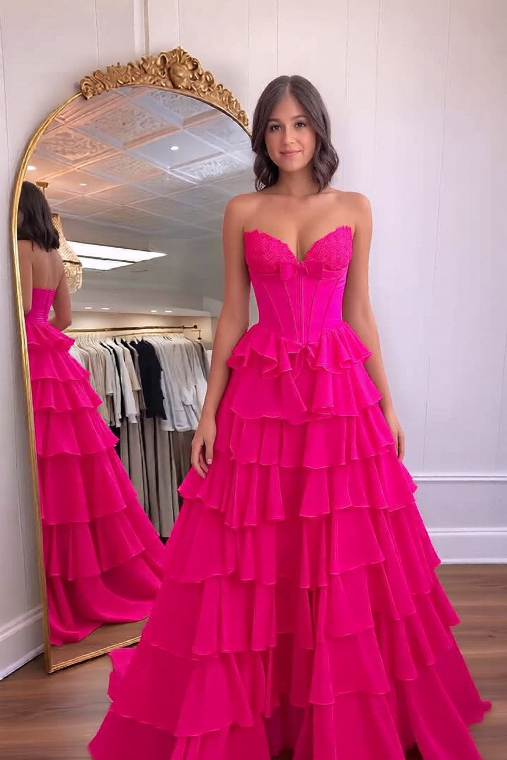 Hot Pink A-line Tiered Strapless Long Prom Dress
