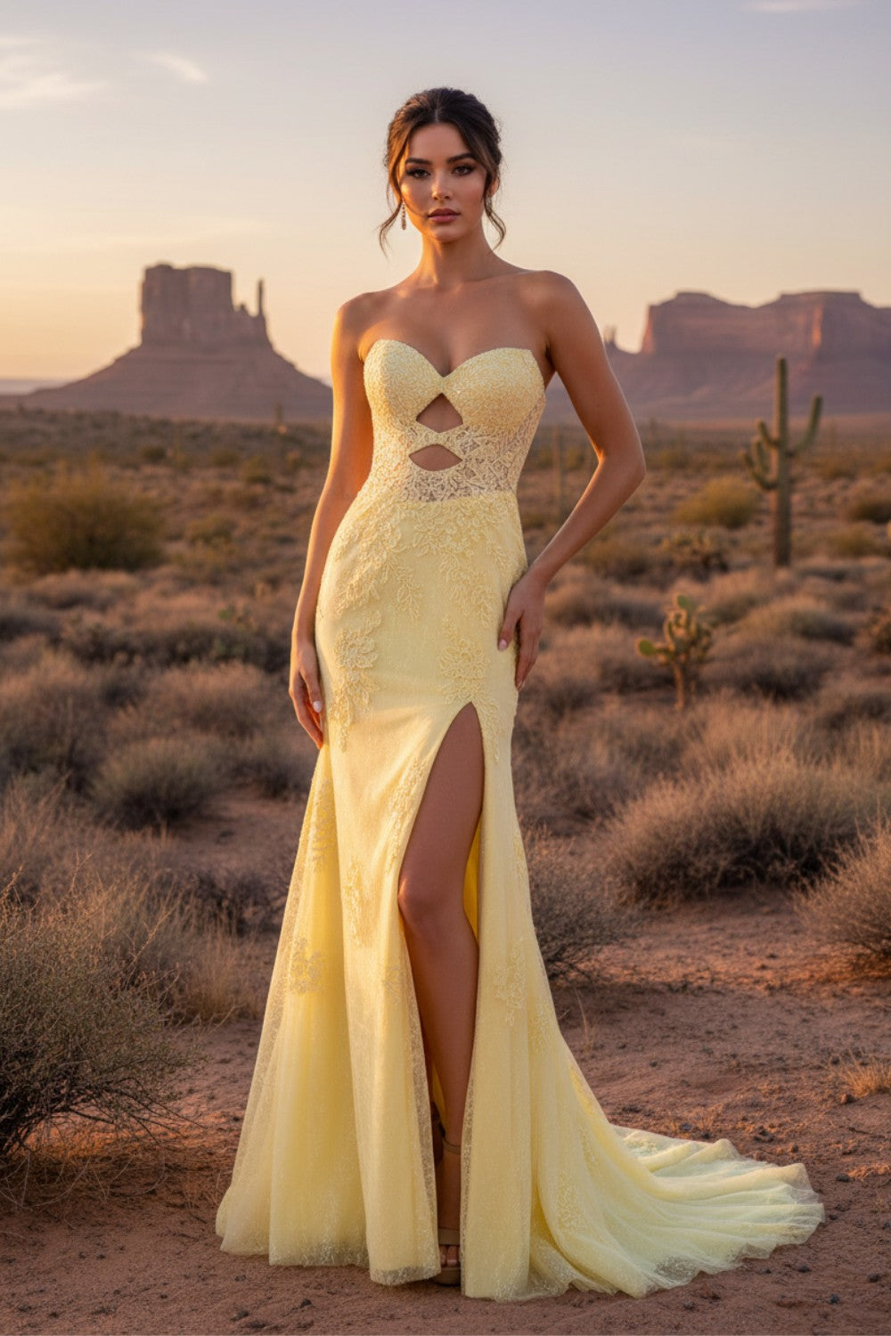 Mermaid Keyholes Yellow Long Prom Dress With Appliques