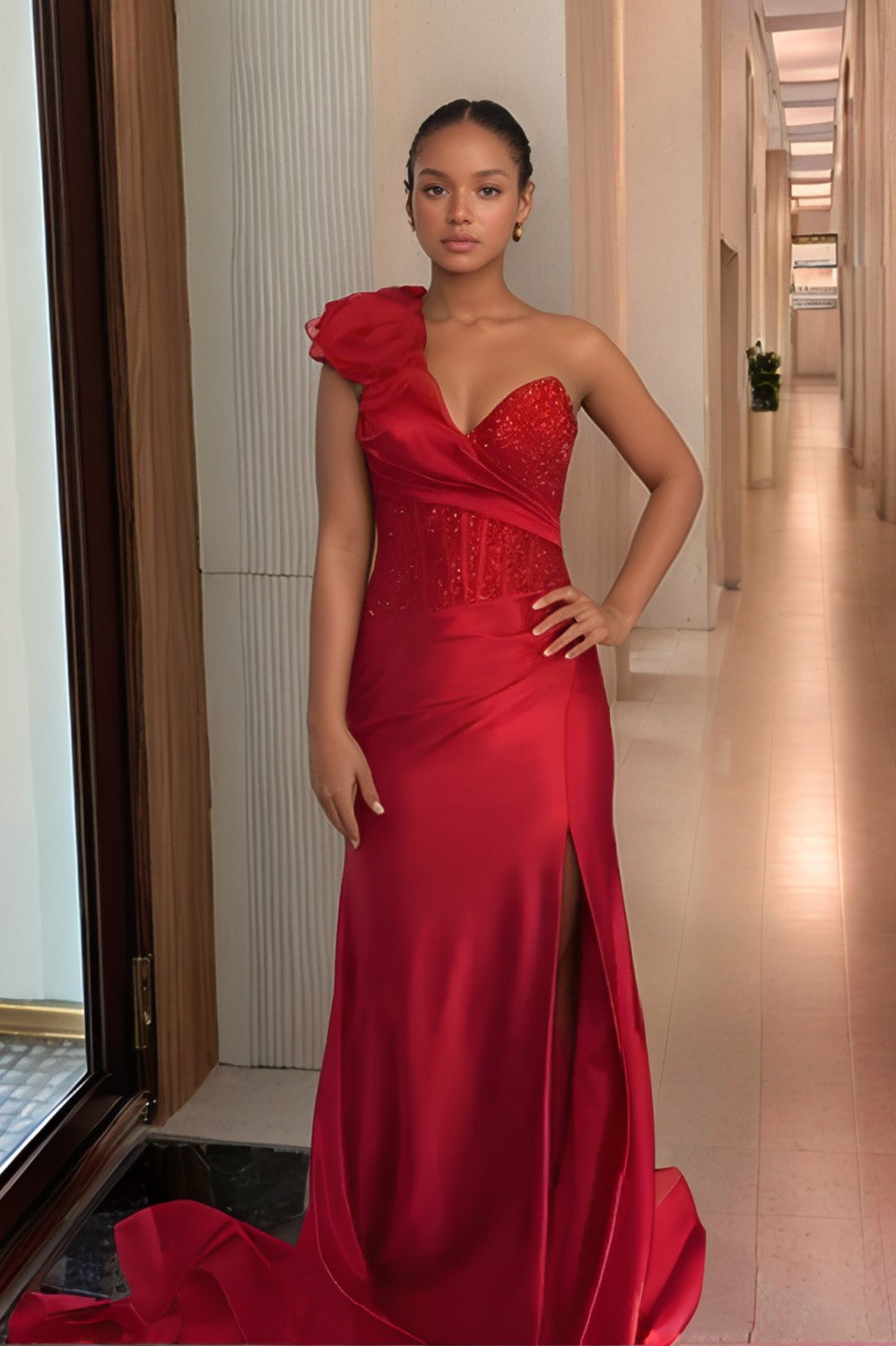 Mermaid Red One Shoulder Long Prom Dress