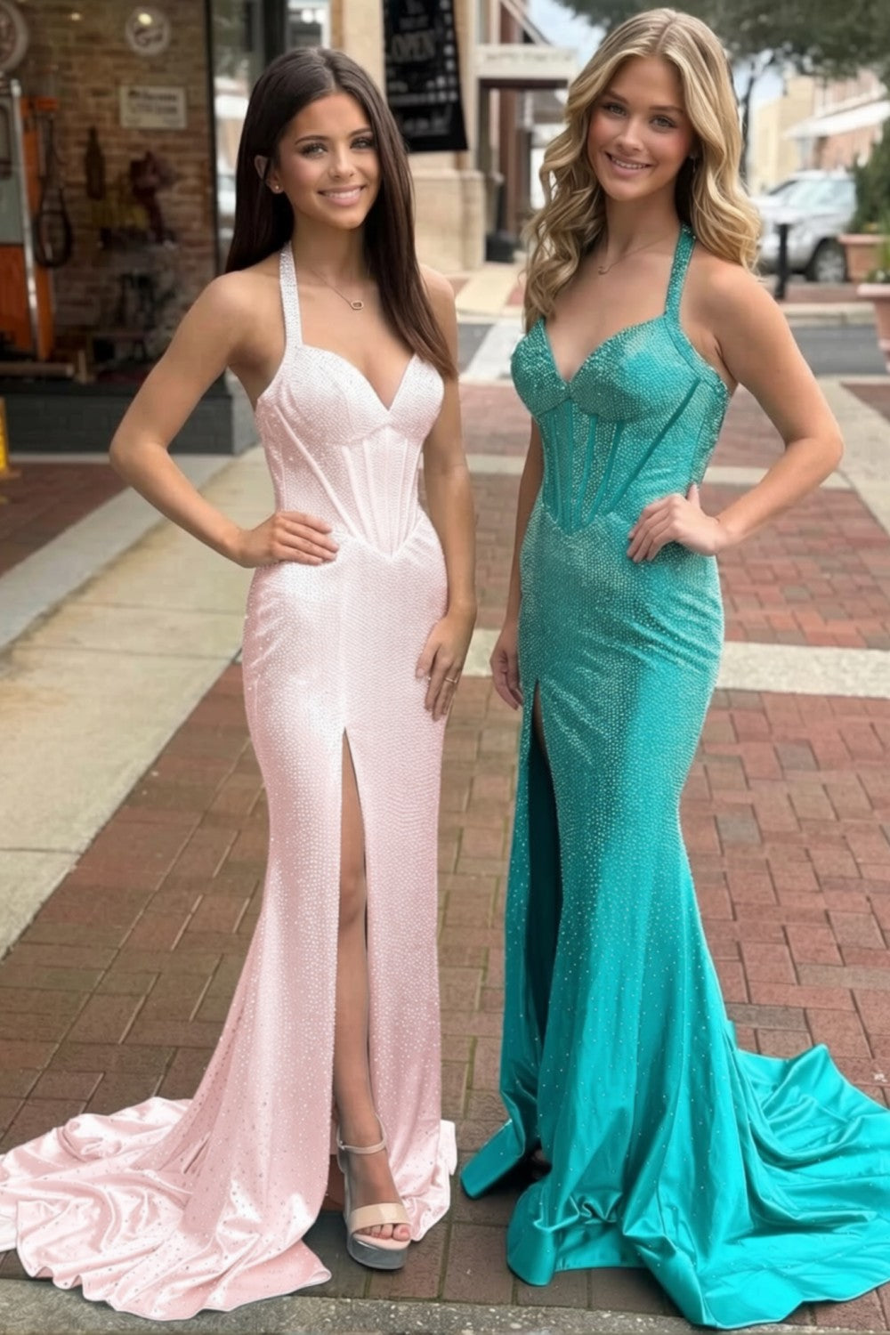 High Slit Spaghetti Straps Prom Dress with Beads