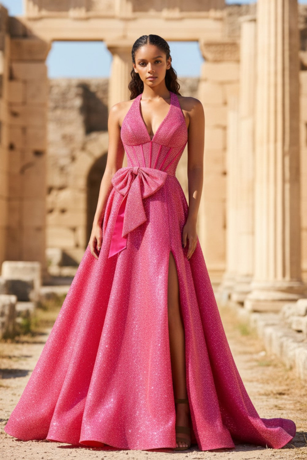 Halter Split Long Straps Beaded Long Prom Dress With Bow