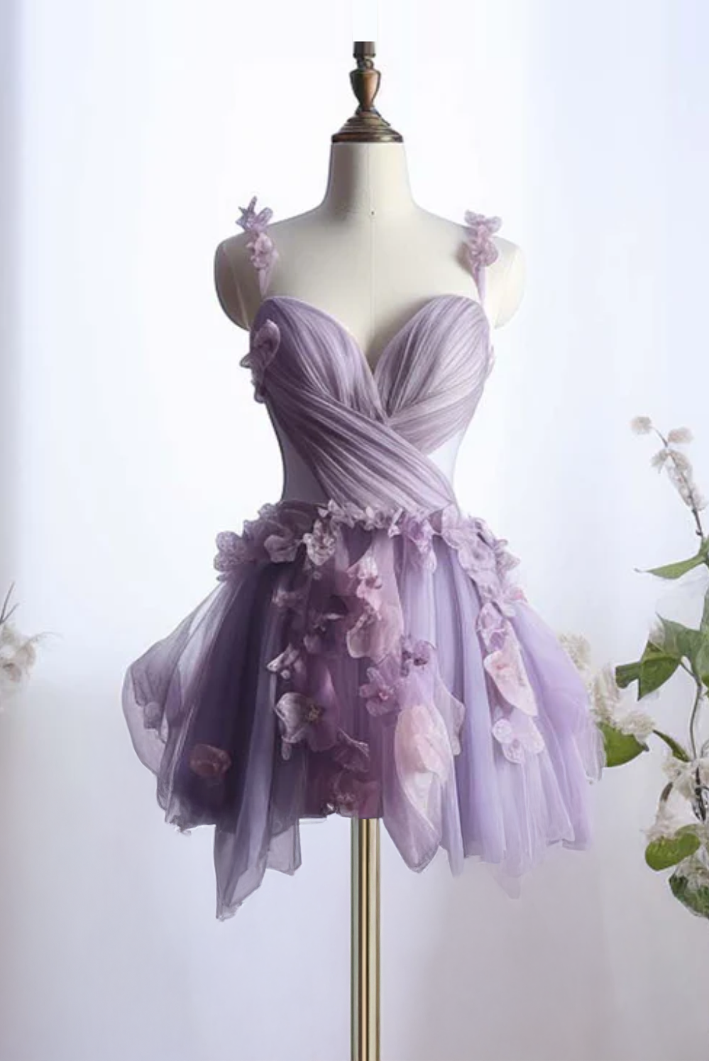 Cute Tulle Lilac Homecoming Dress with Flowers
