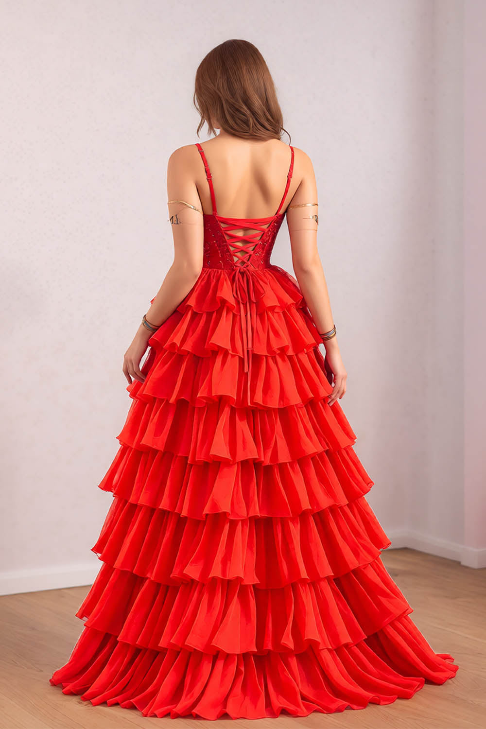 Layered Ruffle Prom Dress with Bodice Appliques