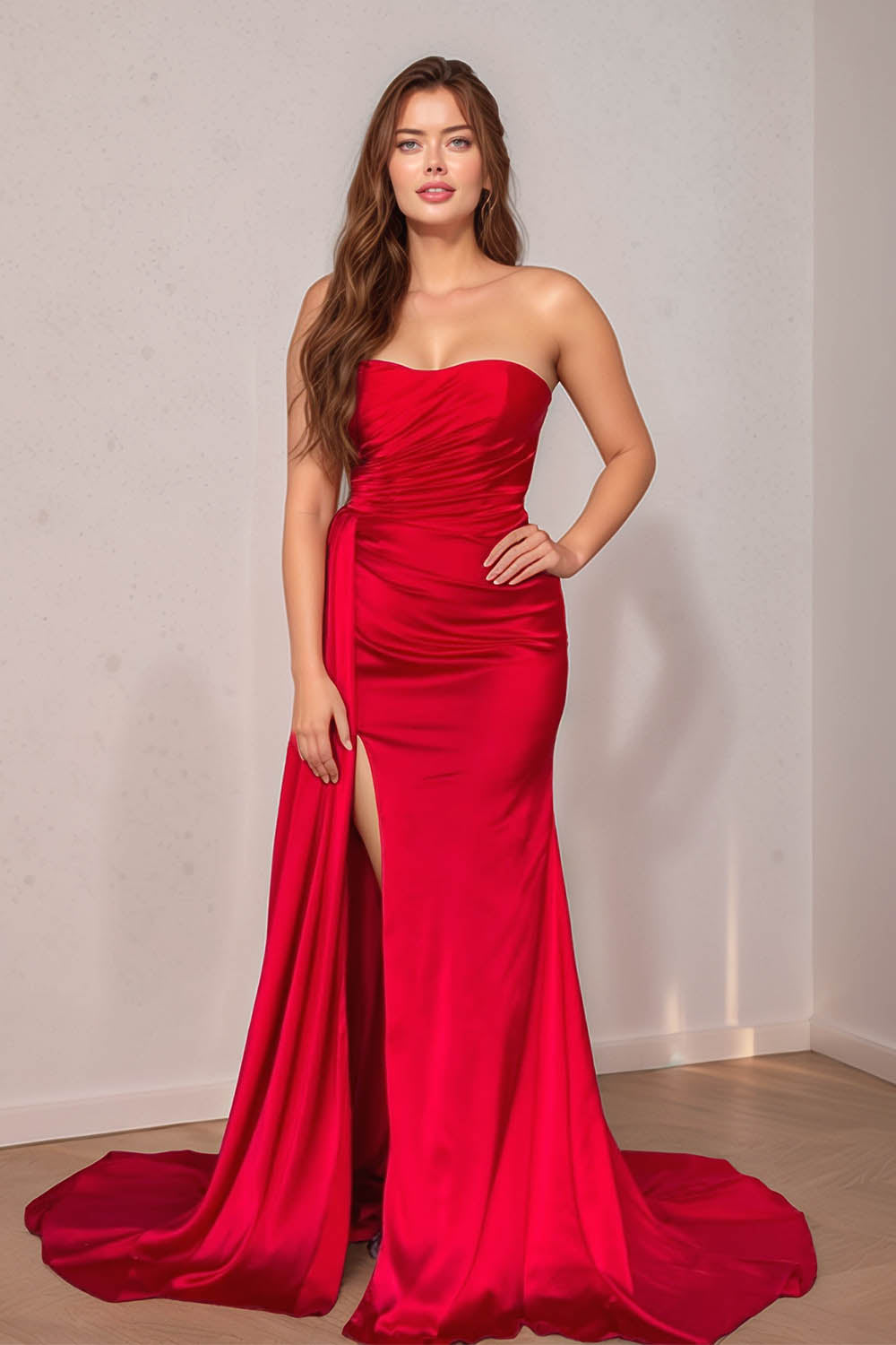 Strapless Satin Pleated Prom Dress