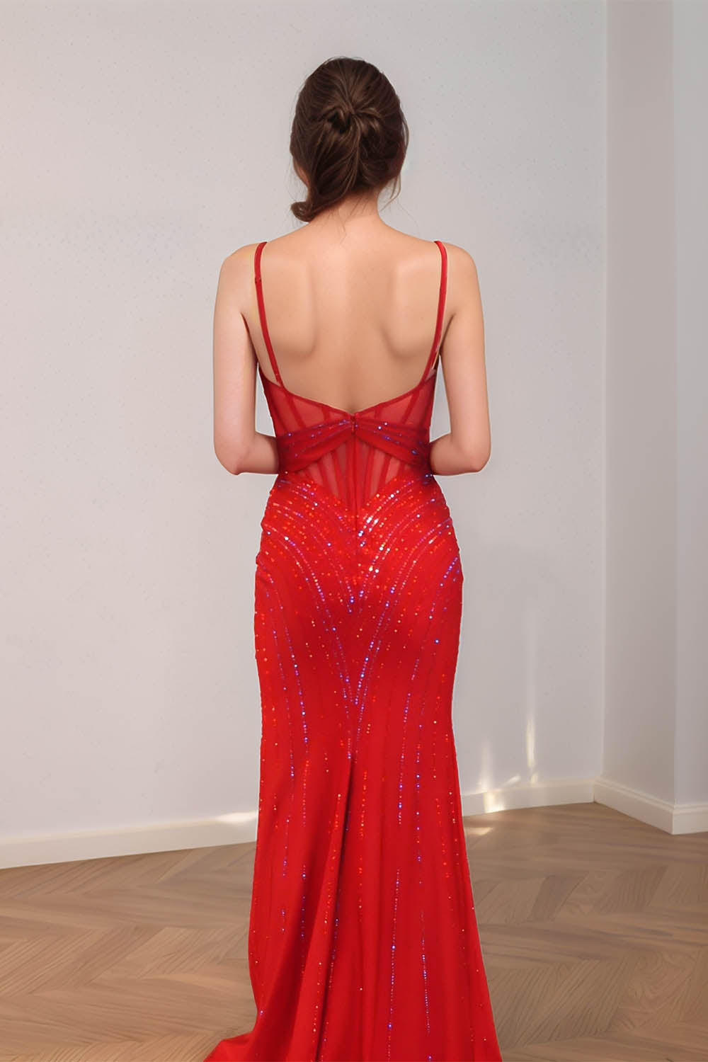Red Sheer Corset Bodice Beaded Prom Dress with Slit