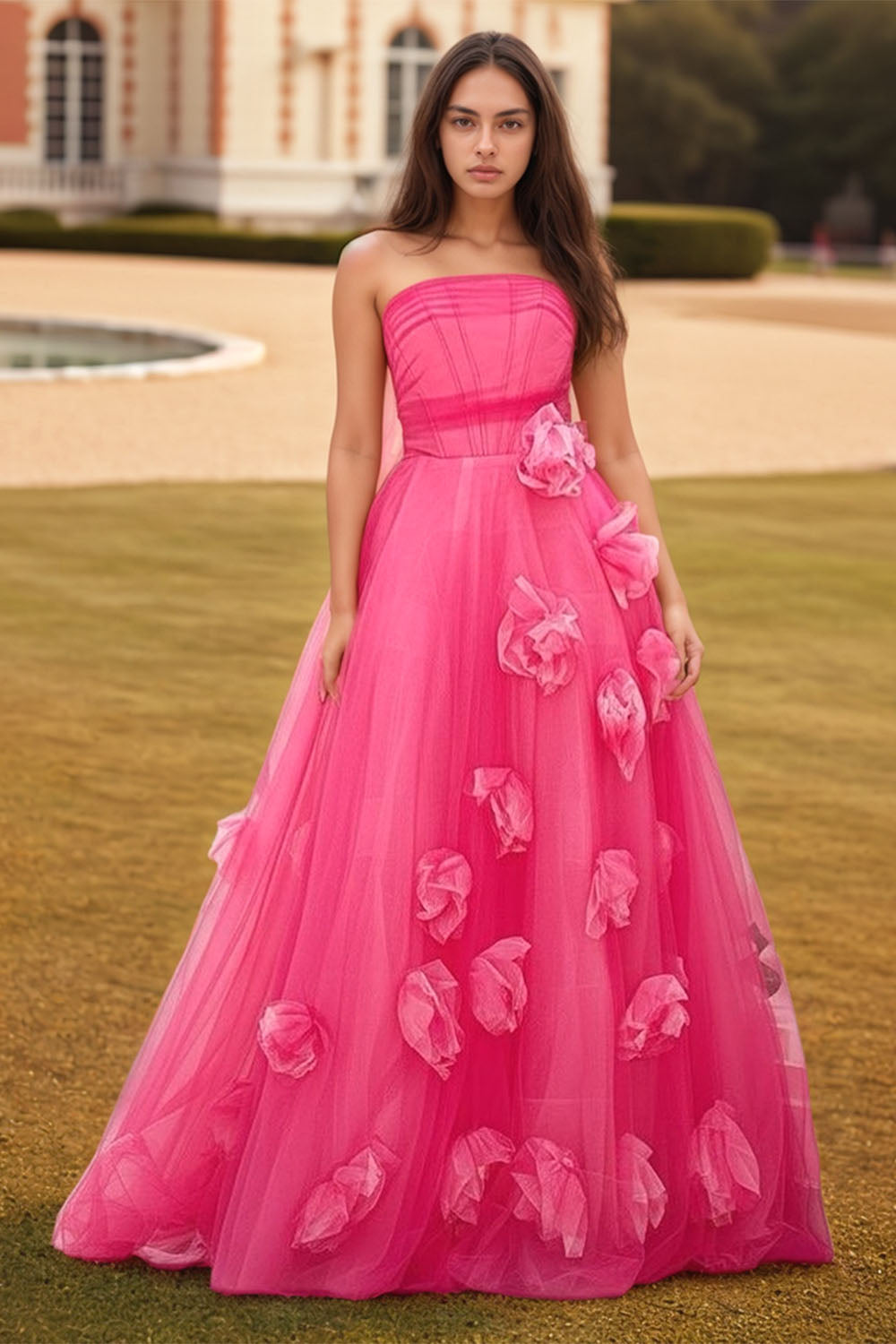 Hot Pink Tulle Prom Dress with Flowers