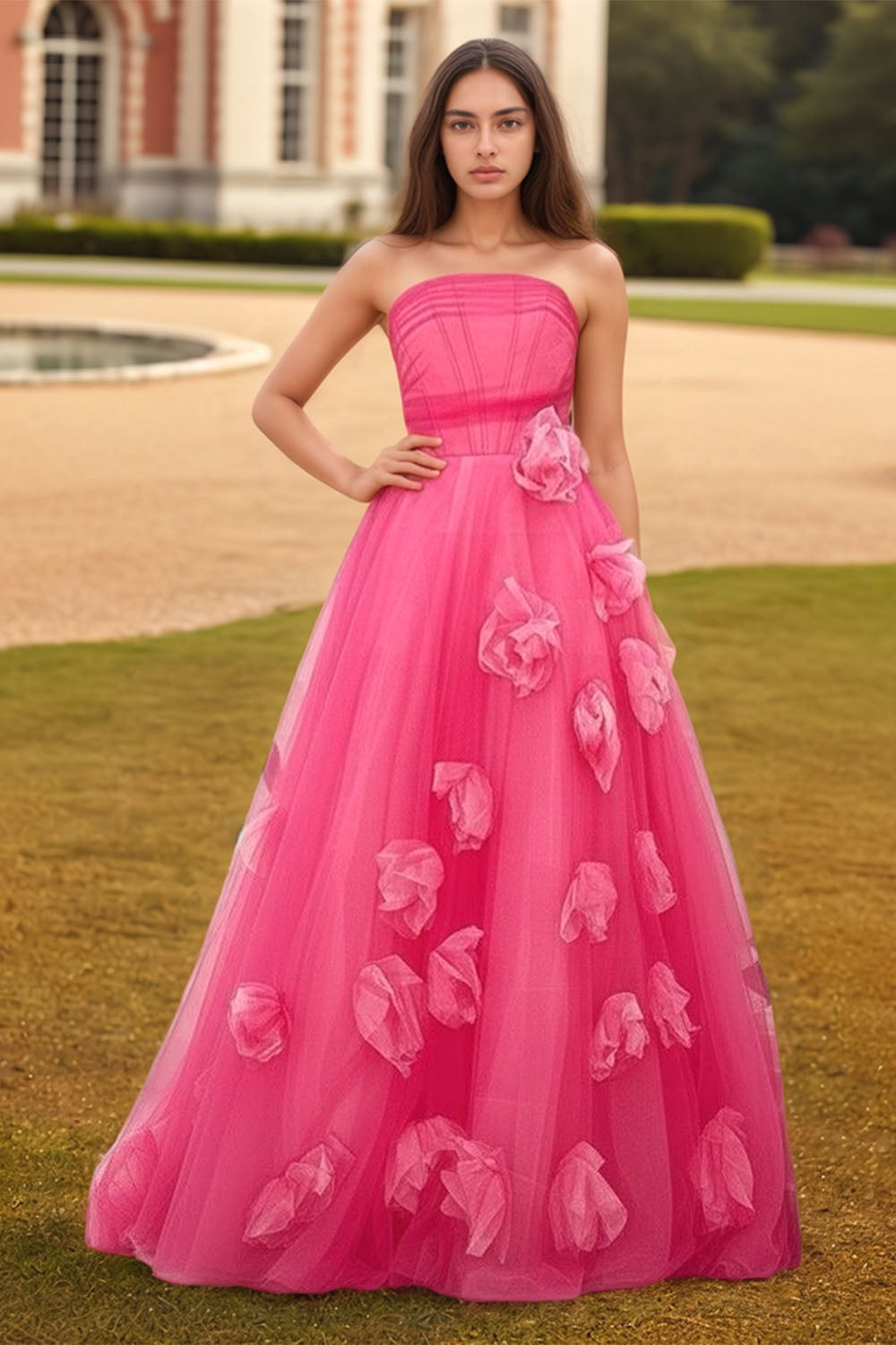 Hot Pink Tulle Prom Dress with Flowers