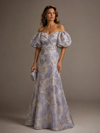 Off the Shoulder Puff Sleeve Lilac Floral Satin Mother of The Bride Dress