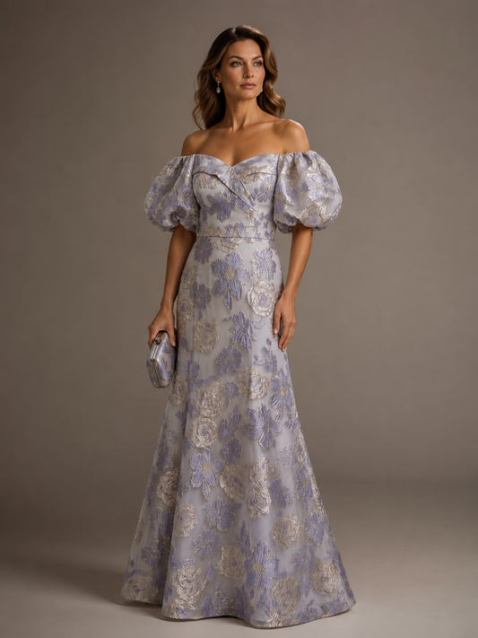 Off the Shoulder Puff Sleeve Lilac Floral Satin Mother of The Bride Dress
