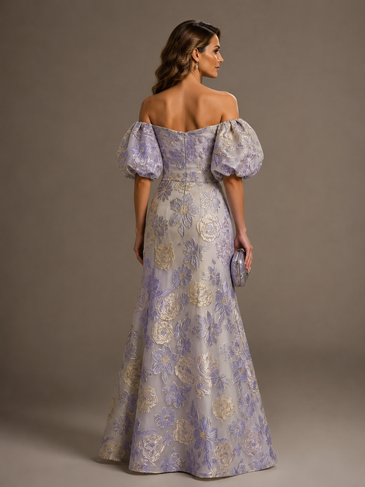 Off the Shoulder Puff Sleeve Lilac Floral Satin Mother of The Bride Dress