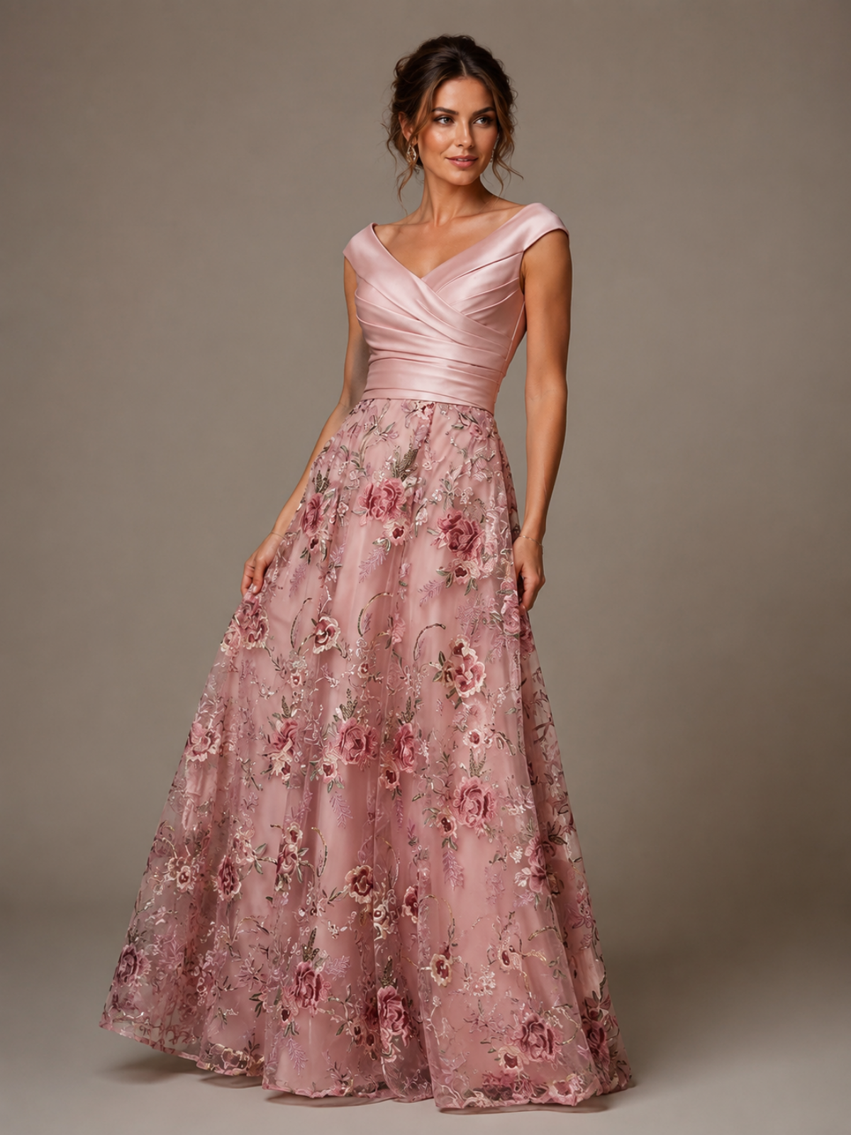 Off the Shoulder Blush Pink Floral Embroidery Satin Maxi Dress