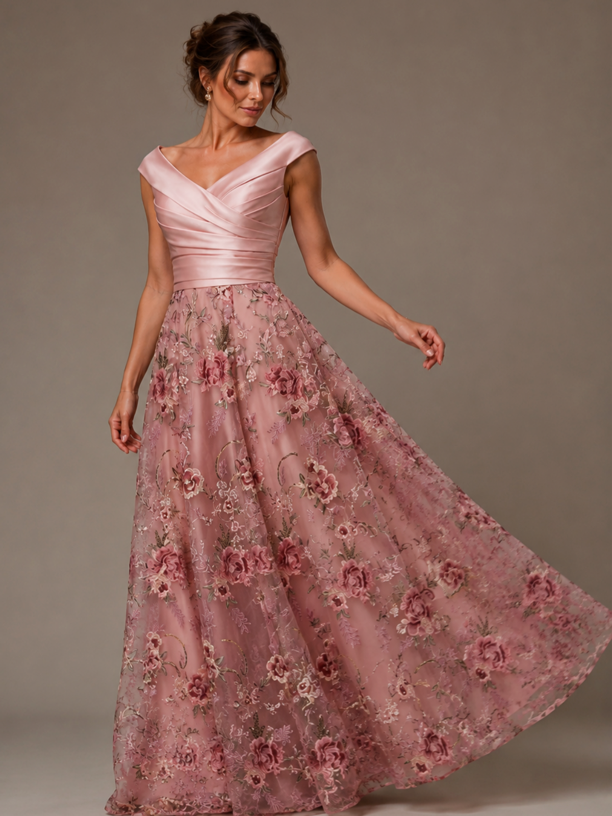 Off the Shoulder Blush Pink Floral Embroidery Satin Maxi Dress