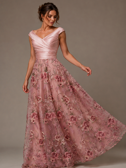 Off the Shoulder Blush Pink Floral Embroidery Satin Maxi Dress