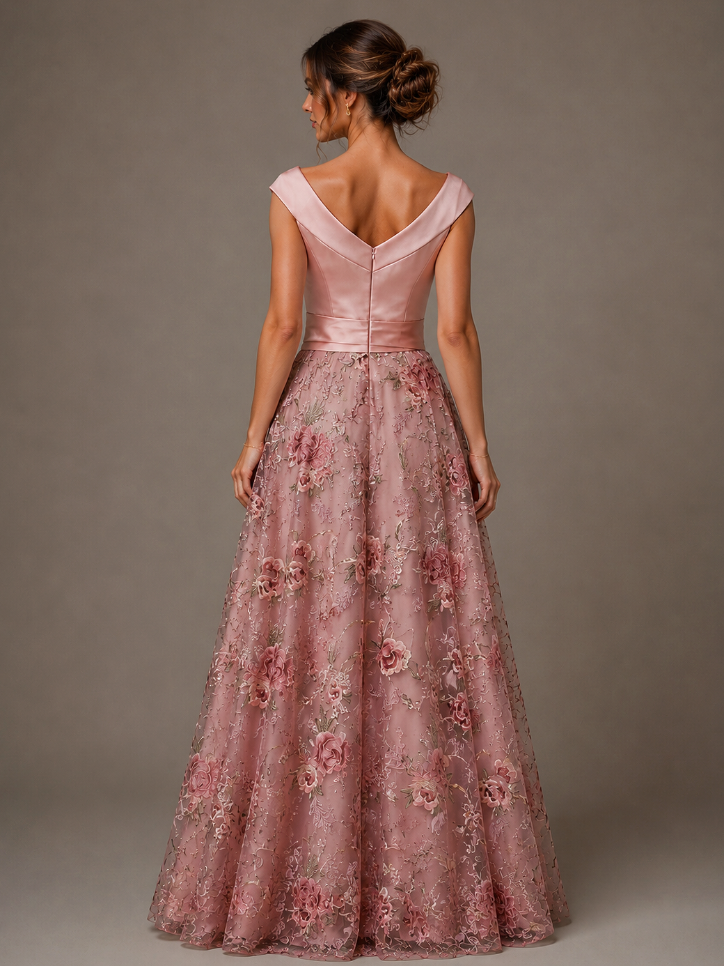 Off the Shoulder Blush Pink Floral Embroidery Satin Maxi Dress