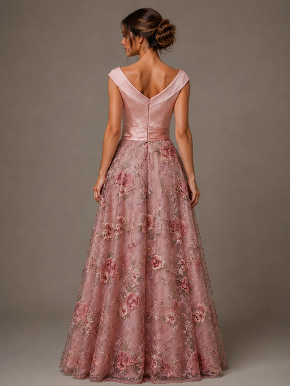 Off the Shoulder Blush Pink Floral Embroidery Satin Maxi Dress