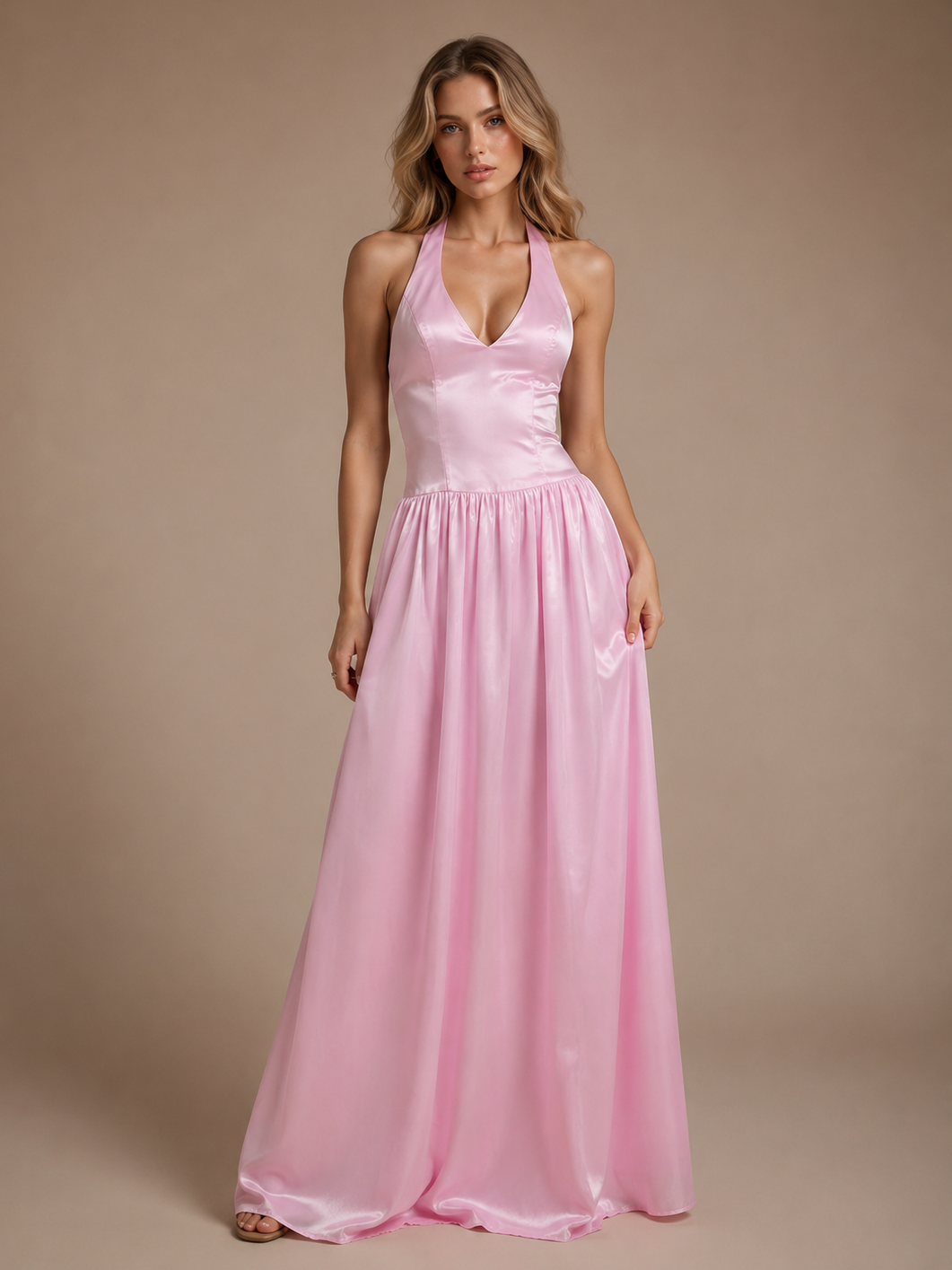 Blush Pink V Neck Halter Satin Maxi Dress