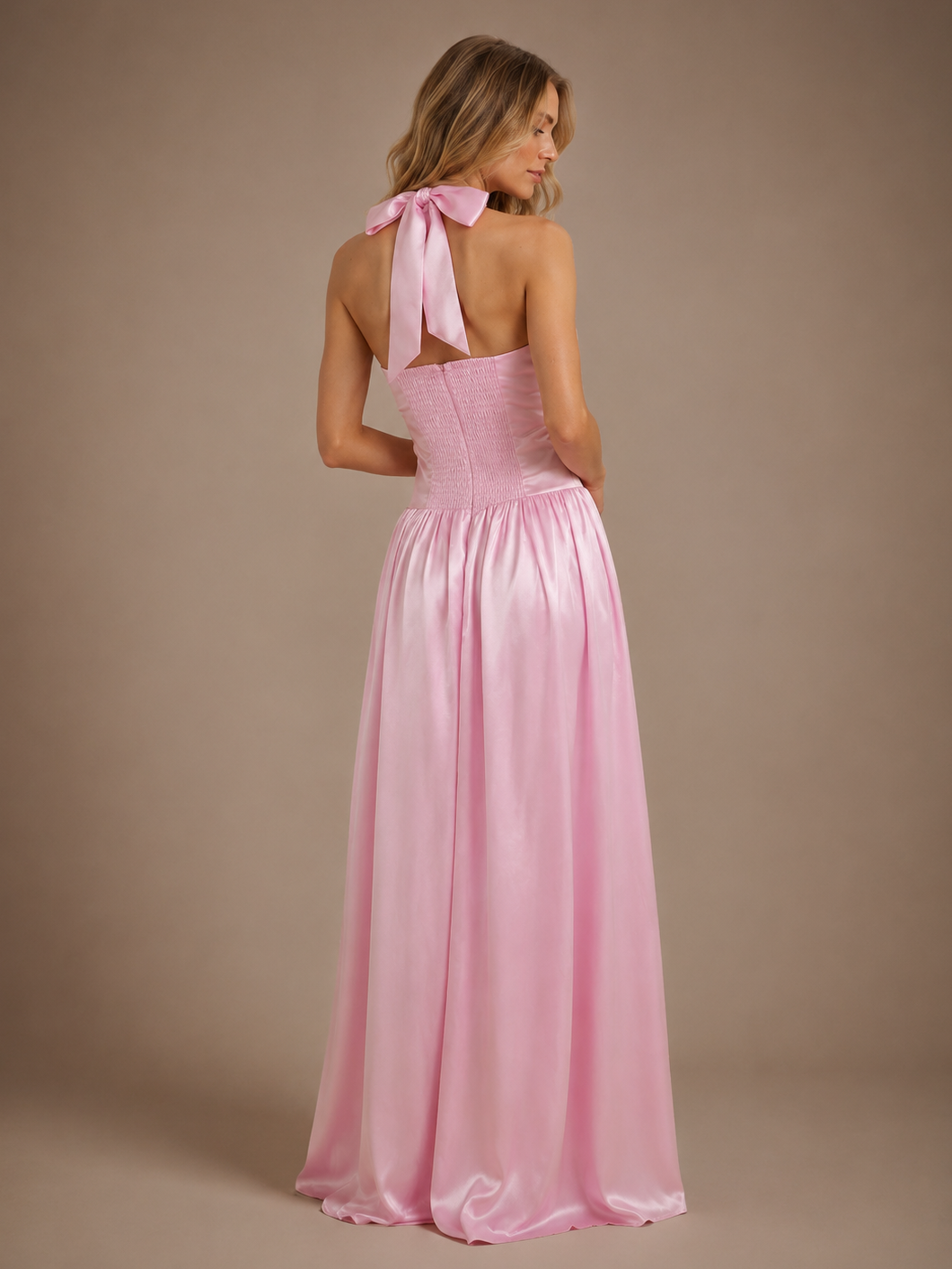 Blush Pink V Neck Halter Satin Maxi Dress