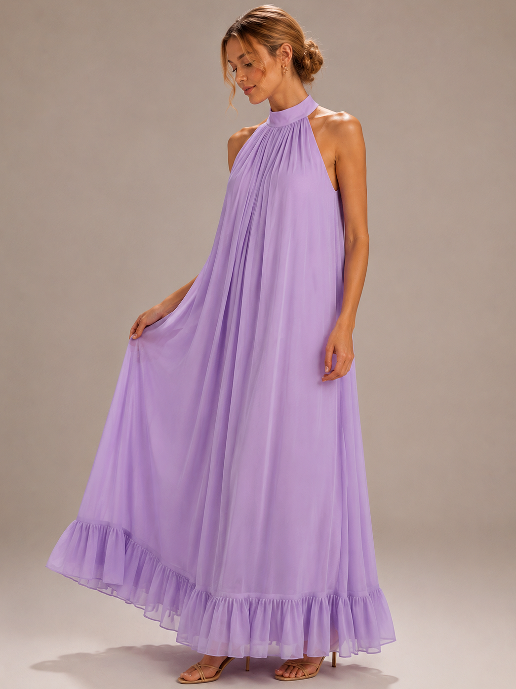 Lavender Halter Neck Pleated Maxi Dress