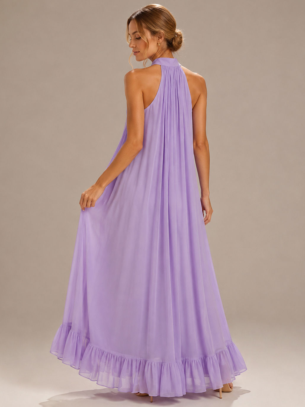 Lavender Halter Neck Pleated Maxi Dress