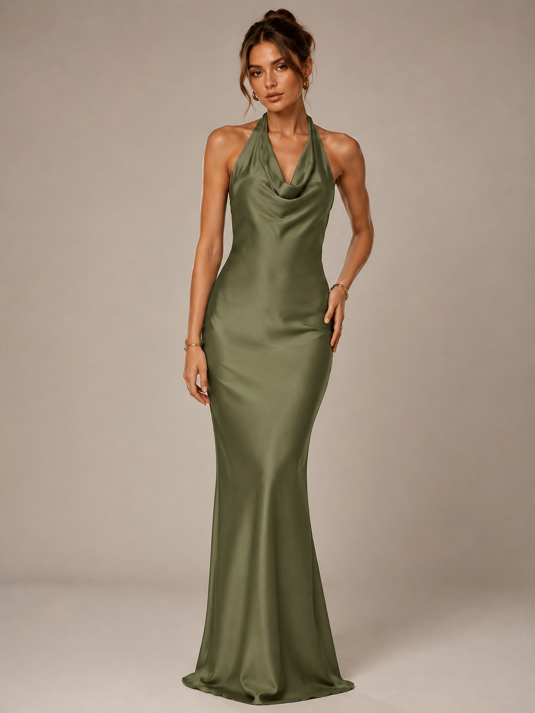 Olive Green Halter Satin Mermaid Maxi Dress