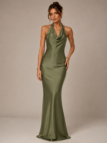 Olive Green Halter Satin Mermaid Maxi Dress